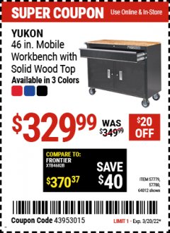 Harbor Freight Coupon 46 IN. MOBILE STORAGE CABINET WITH WOOD TOP Lot No. 64012 Expired: 3/20/22 - $329.99