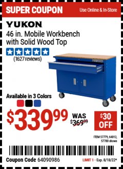 Harbor Freight Coupon 46 IN. MOBILE STORAGE CABINET WITH WOOD TOP Lot No. 64012 Expired: 8/18/22 - $339.99