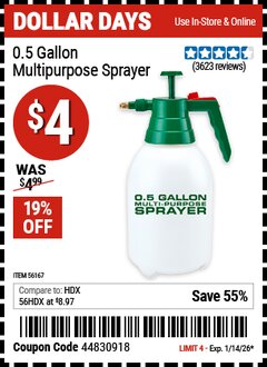 Harbor Freight Coupon 0.5 GALLON MULTIPURPOSE SPRAYER Lot No. 56167 Valid Thru: 1/14/26 - $4