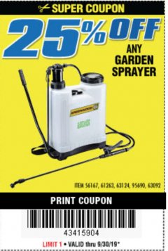 Harbor Freight Coupon 0.5 GALLON MULTIPURPOSE SPRAYER Lot No. 56167 Expired: 9/30/19 - $25