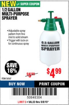 Harbor Freight Coupon 0.5 GALLON MULTIPURPOSE SPRAYER Lot No. 56167 Expired: 9/8/19 - $4.99