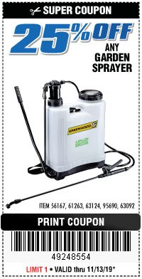 Harbor Freight Coupon 0.5 GALLON MULTIPURPOSE SPRAYER Lot No. 56167 Expired: 11/13/19 - $0