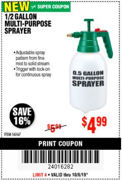Harbor Freight Coupon 0.5 GALLON MULTIPURPOSE SPRAYER Lot No. 56167 Expired: 10/6/19 - $4.99