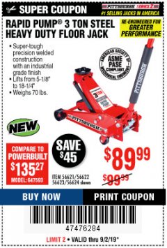 Harbor Freight Coupon RAPID PUMP 3 TON STEEL HEAVY DUTY FLOOR JACK Lot No. 64260/64261/64265/64875 Expired: 9/2/19 - $89.99