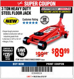 Harbor Freight Coupon RAPID PUMP 3 TON STEEL HEAVY DUTY FLOOR JACK Lot No. 64260/64261/64265/64875 Expired: 9/15/19 - $89.99