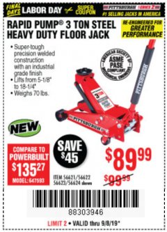 Harbor Freight Coupon RAPID PUMP 3 TON STEEL HEAVY DUTY FLOOR JACK Lot No. 64260/64261/64265/64875 Expired: 9/8/19 - $89.99