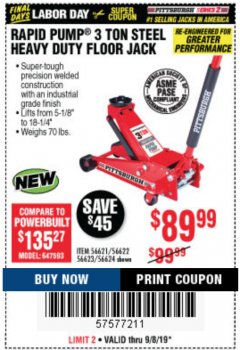 Harbor Freight Coupon RAPID PUMP 3 TON STEEL HEAVY DUTY FLOOR JACK Lot No. 64260/64261/64265/64875 Expired: 9/8/19 - $89.99