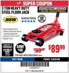 Harbor Freight Coupon RAPID PUMP 3 TON STEEL HEAVY DUTY FLOOR JACK Lot No. 64260/64261/64265/64875 Expired: 9/15/19 - $89.99