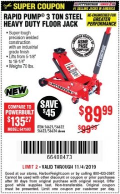 Harbor Freight Coupon RAPID PUMP 3 TON STEEL HEAVY DUTY FLOOR JACK Lot No. 64260/64261/64265/64875 Expired: 11/4/19 - $89.99