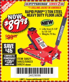 Harbor Freight Coupon RAPID PUMP 3 TON STEEL HEAVY DUTY FLOOR JACK Lot No. 64260/64261/64265/64875 Expired: 11/13/19 - $89.98