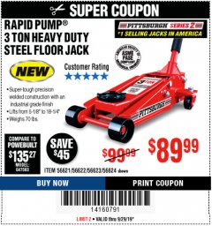 Harbor Freight Coupon RAPID PUMP 3 TON STEEL HEAVY DUTY FLOOR JACK Lot No. 64260/64261/64265/64875 Expired: 9/29/19 - $89.99