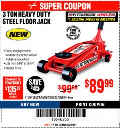 Harbor Freight Coupon RAPID PUMP 3 TON STEEL HEAVY DUTY FLOOR JACK Lot No. 64260/64261/64265/64875 Expired: 9/22/19 - $89.99