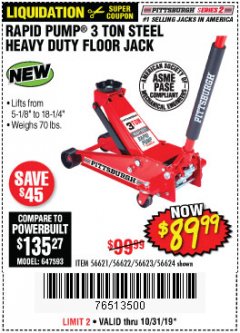 Harbor Freight Coupon RAPID PUMP 3 TON STEEL HEAVY DUTY FLOOR JACK Lot No. 64260/64261/64265/64875 Expired: 10/31/19 - $89.99