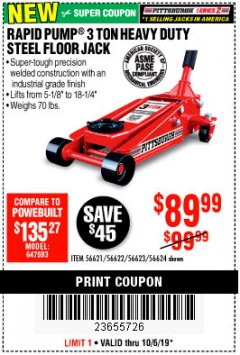 Harbor Freight Coupon RAPID PUMP 3 TON STEEL HEAVY DUTY FLOOR JACK Lot No. 64260/64261/64265/64875 Expired: 10/6/19 - $89.99