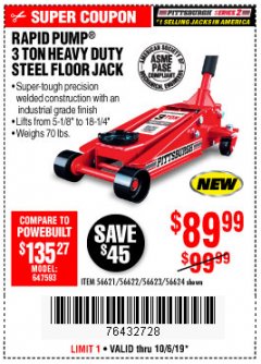 Harbor Freight Coupon RAPID PUMP 3 TON STEEL HEAVY DUTY FLOOR JACK Lot No. 64260/64261/64265/64875 Expired: 10/6/19 - $89.99