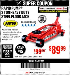 Harbor Freight Coupon RAPID PUMP 3 TON STEEL HEAVY DUTY FLOOR JACK Lot No. 64260/64261/64265/64875 Expired: 11/17/19 - $89.99