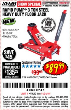 Harbor Freight Coupon RAPID PUMP 3 TON STEEL HEAVY DUTY FLOOR JACK Lot No. 64260/64261/64265/64875 Expired: 11/24/19 - $89.99