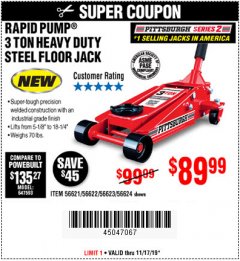 Harbor Freight Coupon RAPID PUMP 3 TON STEEL HEAVY DUTY FLOOR JACK Lot No. 64260/64261/64265/64875 Expired: 11/17/19 - $89.99