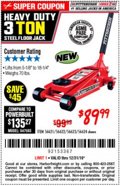 Harbor Freight Coupon RAPID PUMP 3 TON STEEL HEAVY DUTY FLOOR JACK Lot No. 64260/64261/64265/64875 Expired: 12/31/19 - $89.99