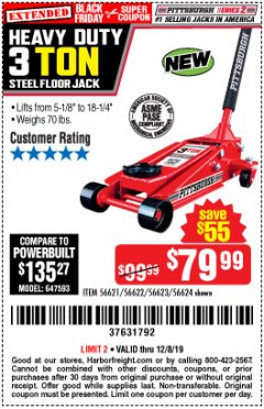 Harbor Freight Coupon RAPID PUMP 3 TON STEEL HEAVY DUTY FLOOR JACK Lot No. 64260/64261/64265/64875 Expired: 12/8/19 - $79.99