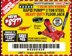 Harbor Freight Coupon RAPID PUMP 3 TON STEEL HEAVY DUTY FLOOR JACK Lot No. 64260/64261/64265/64875 Expired: 1/25/20 - $89.99