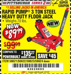 Harbor Freight Coupon RAPID PUMP 3 TON STEEL HEAVY DUTY FLOOR JACK Lot No. 64260/64261/64265/64875 Expired: 1/27/20 - $89.99