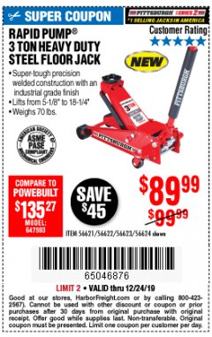 Harbor Freight Coupon RAPID PUMP 3 TON STEEL HEAVY DUTY FLOOR JACK Lot No. 64260/64261/64265/64875 Expired: 12/24/19 - $89.99