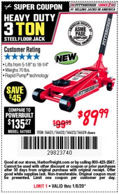 Harbor Freight Coupon RAPID PUMP 3 TON STEEL HEAVY DUTY FLOOR JACK Lot No. 64260/64261/64265/64875 Expired: 1/8/20 - $89.99