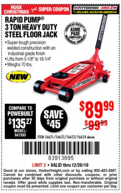 Harbor Freight Coupon RAPID PUMP 3 TON STEEL HEAVY DUTY FLOOR JACK Lot No. 64260/64261/64265/64875 Expired: 12/26/19 - $89.99