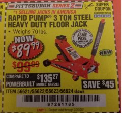 Harbor Freight Coupon RAPID PUMP 3 TON STEEL HEAVY DUTY FLOOR JACK Lot No. 64260/64261/64265/64875 Expired: 2/20/20 - $89.99