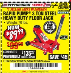 Harbor Freight Coupon RAPID PUMP 3 TON STEEL HEAVY DUTY FLOOR JACK Lot No. 64260/64261/64265/64875 Expired: 2/27/20 - $89.99