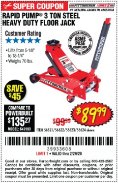 Harbor Freight Coupon RAPID PUMP 3 TON STEEL HEAVY DUTY FLOOR JACK Lot No. 64260/64261/64265/64875 Expired: 2/29/20 - $89.99