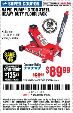 Harbor Freight Coupon RAPID PUMP 3 TON STEEL HEAVY DUTY FLOOR JACK Lot No. 64260/64261/64265/64875 Expired: 2/2/20 - $89.99