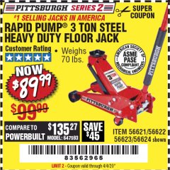 Harbor Freight Coupon RAPID PUMP 3 TON STEEL HEAVY DUTY FLOOR JACK Lot No. 64260/64261/64265/64875 Expired: 6/30/20 - $89.99