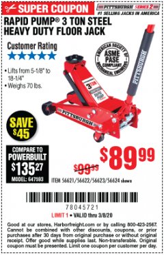 Harbor Freight Coupon RAPID PUMP 3 TON STEEL HEAVY DUTY FLOOR JACK Lot No. 64260/64261/64265/64875 Expired: 3/8/20 - $89.99