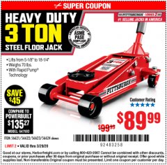 Harbor Freight Coupon RAPID PUMP 3 TON STEEL HEAVY DUTY FLOOR JACK Lot No. 64260/64261/64265/64875 Expired: 3/29/20 - $89.99