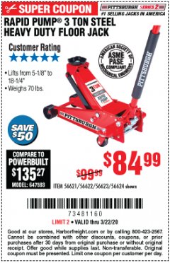 Harbor Freight Coupon RAPID PUMP 3 TON STEEL HEAVY DUTY FLOOR JACK Lot No. 64260/64261/64265/64875 Expired: 3/22/20 - $84.99