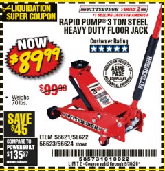 Harbor Freight Coupon RAPID PUMP 3 TON STEEL HEAVY DUTY FLOOR JACK Lot No. 64260/64261/64265/64875 Expired: 6/30/20 - $89.99