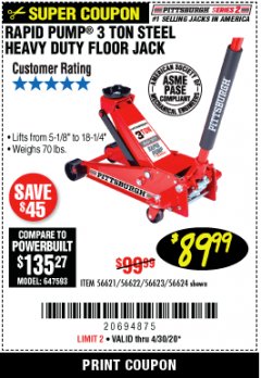 Harbor Freight Coupon RAPID PUMP 3 TON STEEL HEAVY DUTY FLOOR JACK Lot No. 64260/64261/64265/64875 Expired: 6/30/20 - $89.99