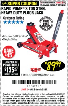 Harbor Freight Coupon RAPID PUMP 3 TON STEEL HEAVY DUTY FLOOR JACK Lot No. 64260/64261/64265/64875 Expired: 6/30/20 - $89.99