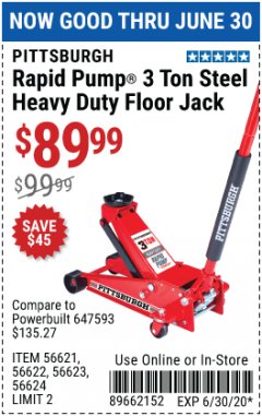 Harbor Freight Coupon RAPID PUMP 3 TON STEEL HEAVY DUTY FLOOR JACK Lot No. 64260/64261/64265/64875 Expired: 6/30/20 - $89.99