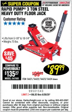 Harbor Freight Coupon RAPID PUMP 3 TON STEEL HEAVY DUTY FLOOR JACK Lot No. 64260/64261/64265/64875 Expired: 6/30/20 - $89.99