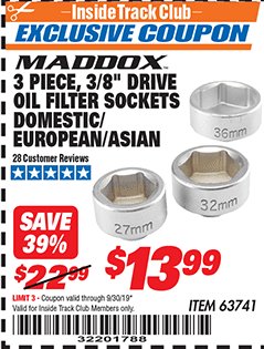 Harbor Freight ITC Coupon MADDOX 3 PIECE 3/8" DRIVE OIL FILTER SOCKETS DOMESTIC/EUROPEAN/ASIAN Lot No. 63741 Expired: 9/30/19 - $13.99