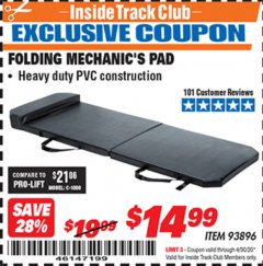 Harbor Freight ITC Coupon FOLDING MECHANICS PAD Lot No. 93896 Expired: 4/30/20 - $14.99