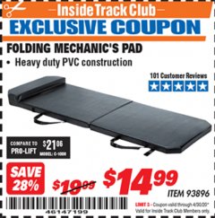 Harbor Freight ITC Coupon FOLDING MECHANIC'S PAD Lot No. 93896 Expired: 4/30/20 - $14.99