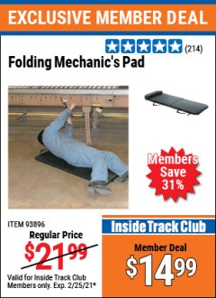 Harbor Freight ITC Coupon FOLDING MECHANIC'S PAD Lot No. 93896 Expired: 2/25/21 - $14.99