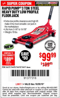 Harbor Freight Coupon RAPID PUMP 3 TON STEEL HEAVY DUTY LOW PROFILE FLOOR JACK Lot No. 56618/56619/56620/56617 Expired: 10/20/19 - $99.99