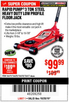 Harbor Freight Coupon RAPID PUMP 3 TON STEEL HEAVY DUTY LOW PROFILE FLOOR JACK Lot No. 56618/56619/56620/56617 Expired: 10/20/19 - $99.99