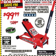 Harbor Freight Coupon RAPID PUMP 3 TON STEEL HEAVY DUTY LOW PROFILE FLOOR JACK Lot No. 56618/56619/56620/56617 Expired: 2/8/20 - $99.99