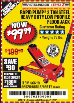 Harbor Freight Coupon RAPID PUMP 3 TON STEEL HEAVY DUTY LOW PROFILE FLOOR JACK Lot No. 56618/56619/56620/56617 Expired: 6/30/20 - $99.99